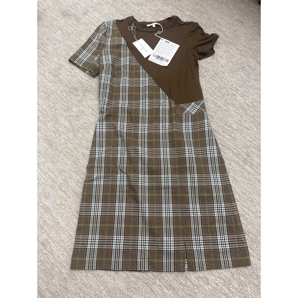 Patrizia Pepe Plaid & Solid Panel Dress – Size 44– Brown Check – New With Tags